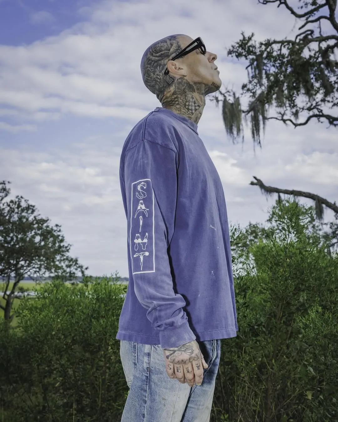 SAINT Mxxxxxx × BABYLON BBLN_LS TEE/SAINT BABYLON/NVY/BABYLON co-branded style Wolf head SAINT/nail distressed long sleeves Washed blue S-XL Completely matched Tube weaving fabric without side seams Garment dyeing Maliu water faded distressing Simulated sun fading treatment Natural fading Handmade holes and frayed Ink splashing treatment Correct main mark/wash mark/little angel anti-counterfeiting mark
